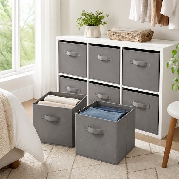 grey fabric storage cubes and bins